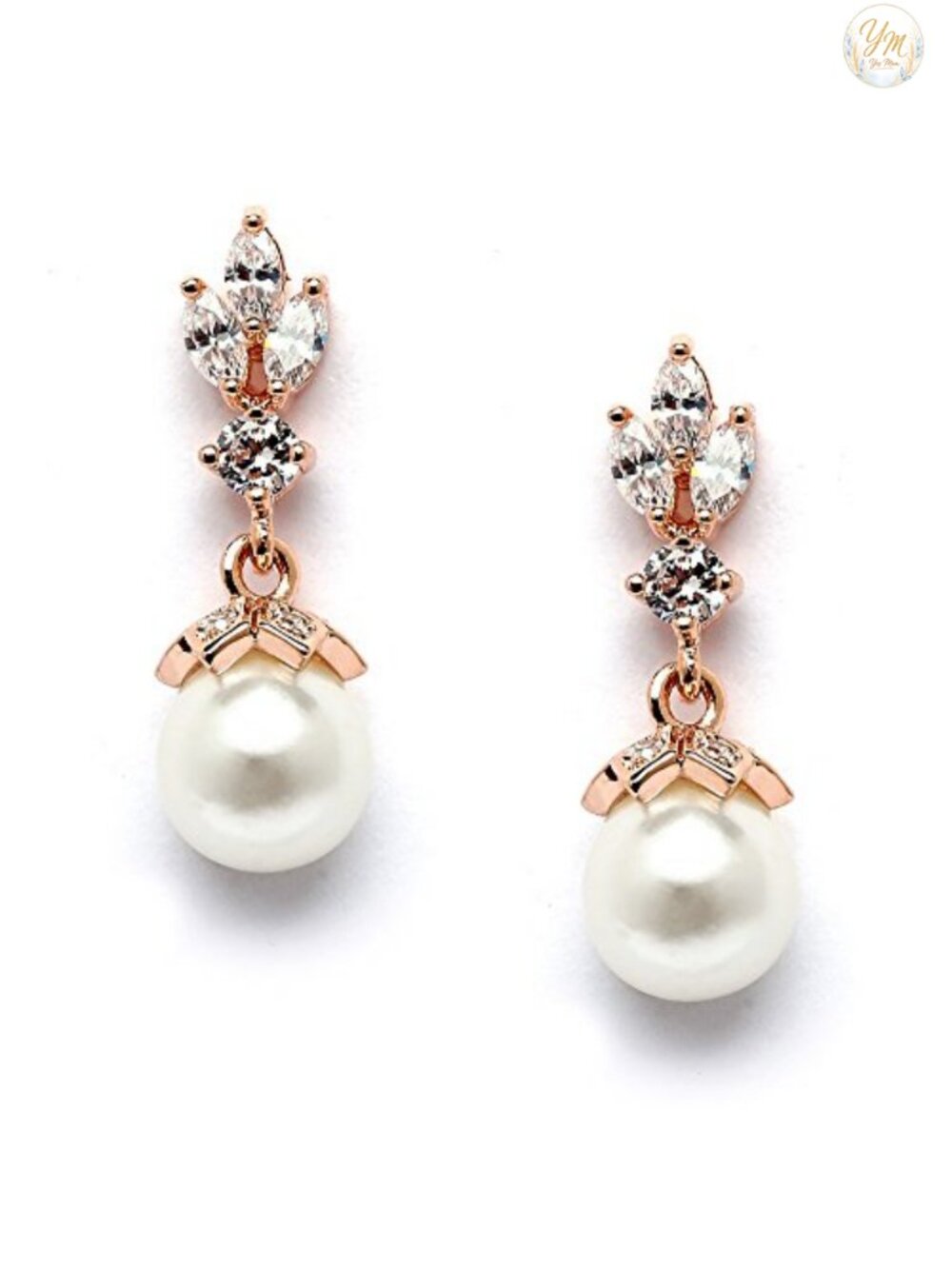 Rose Gold Plated Pearl Drop Dangle Bridal Wedding Earrings Cubic Zirconia